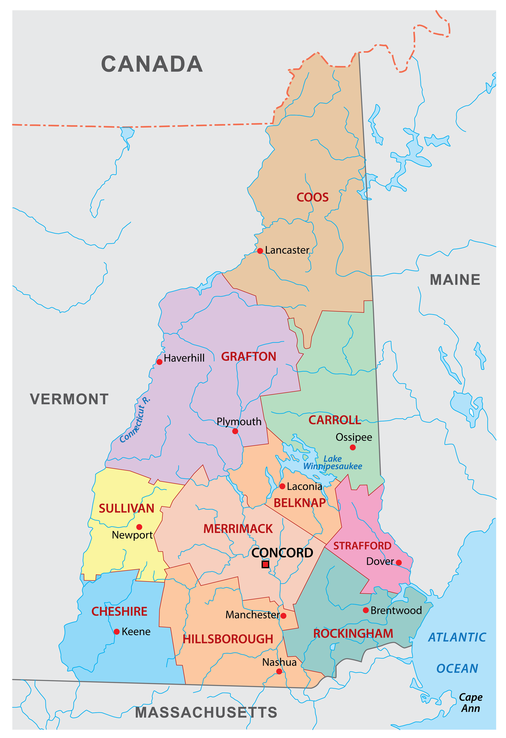 New Hampshire counties map showing all ten counties served by Wicked Pure Water Co