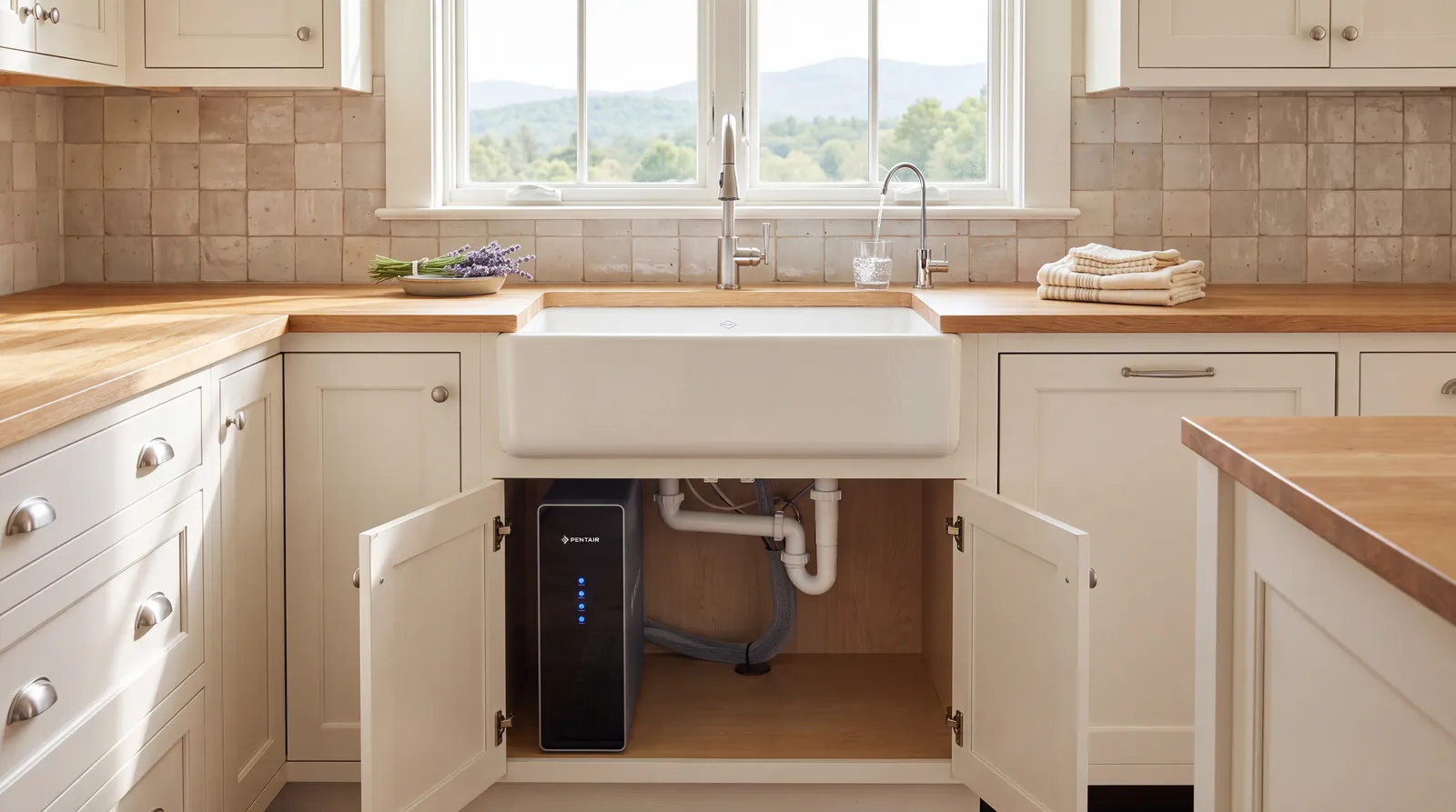 Pentair QuickConnect T600RO under an apron-front sink with a dedicated drinking-water faucet filling a glass