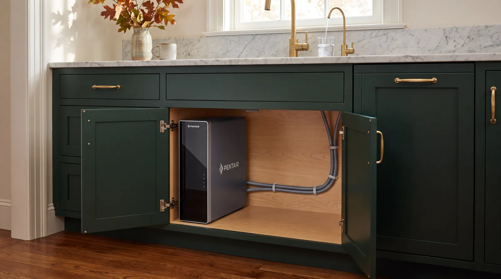 Pentair QuickConnect T600RO in a green-cabinet kitchen — the slim tankless unit leaves the rest of the sink cabinet open